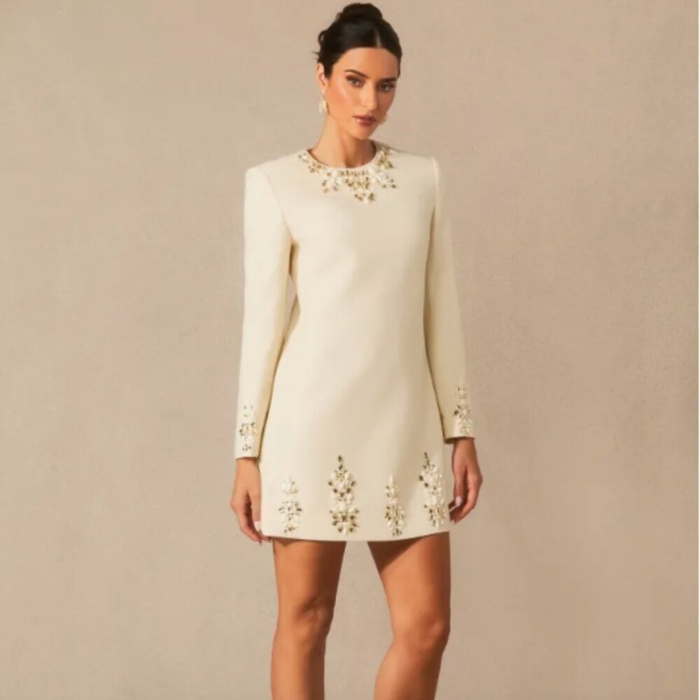Briana Embellished Neckline Long Sleeve Mini Dress - Beige - Sunfere